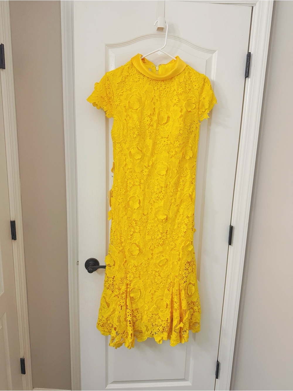 Sunny Yellow Floral Lace Midi Dress with Mock Neck